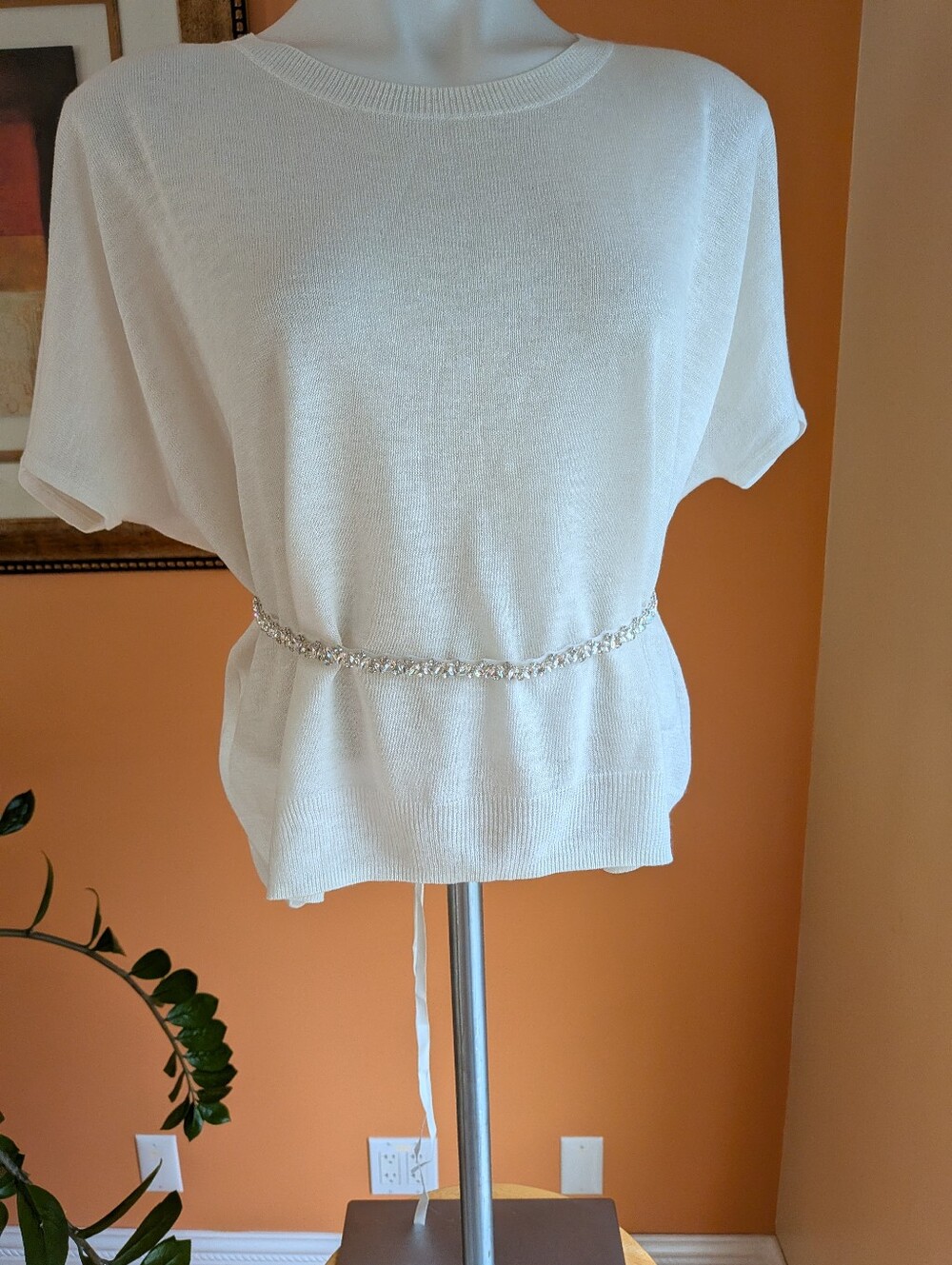 White Knit Top with Crystal Trim Length 107"inches